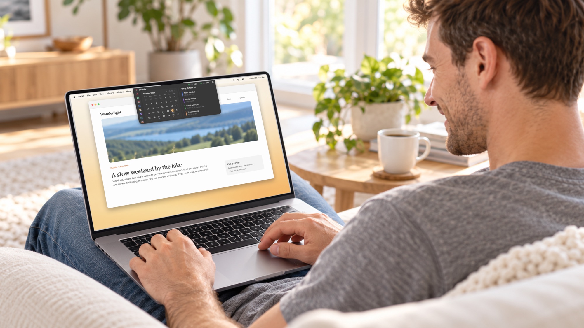 AI-generated illustration: A man on a sofa with his MacBook, Brow's calendar open at the top of the screen