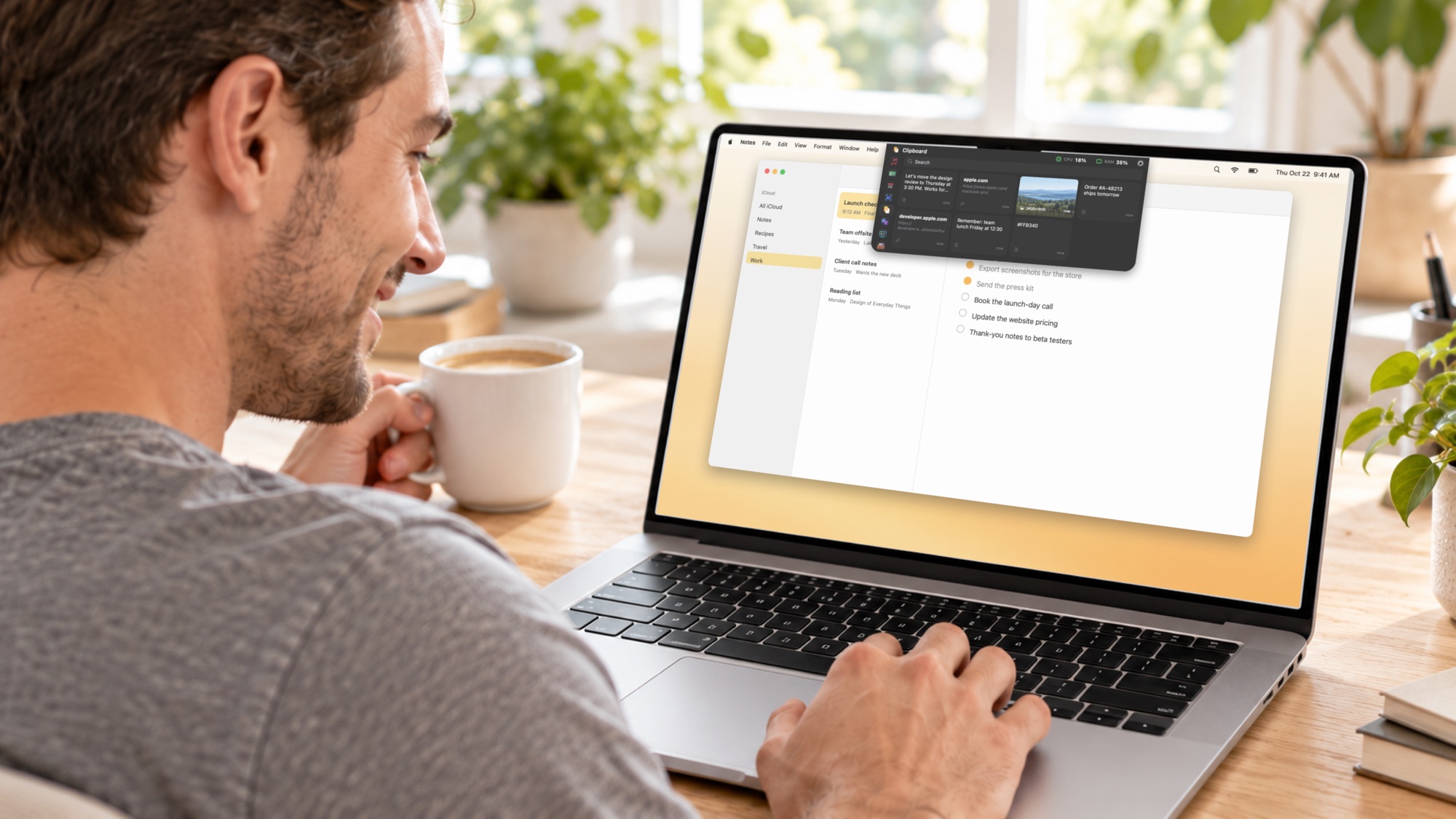 AI-generated illustration: A man at his desk with coffee, Brow's clipboard history open at the top of his MacBook screen