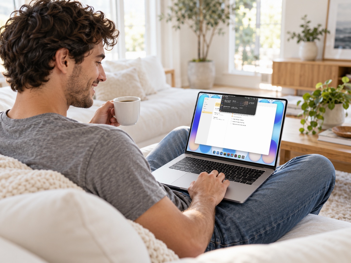 A man relaxing on a sofa with coffee, Brow's clipboard open on his MacBook
