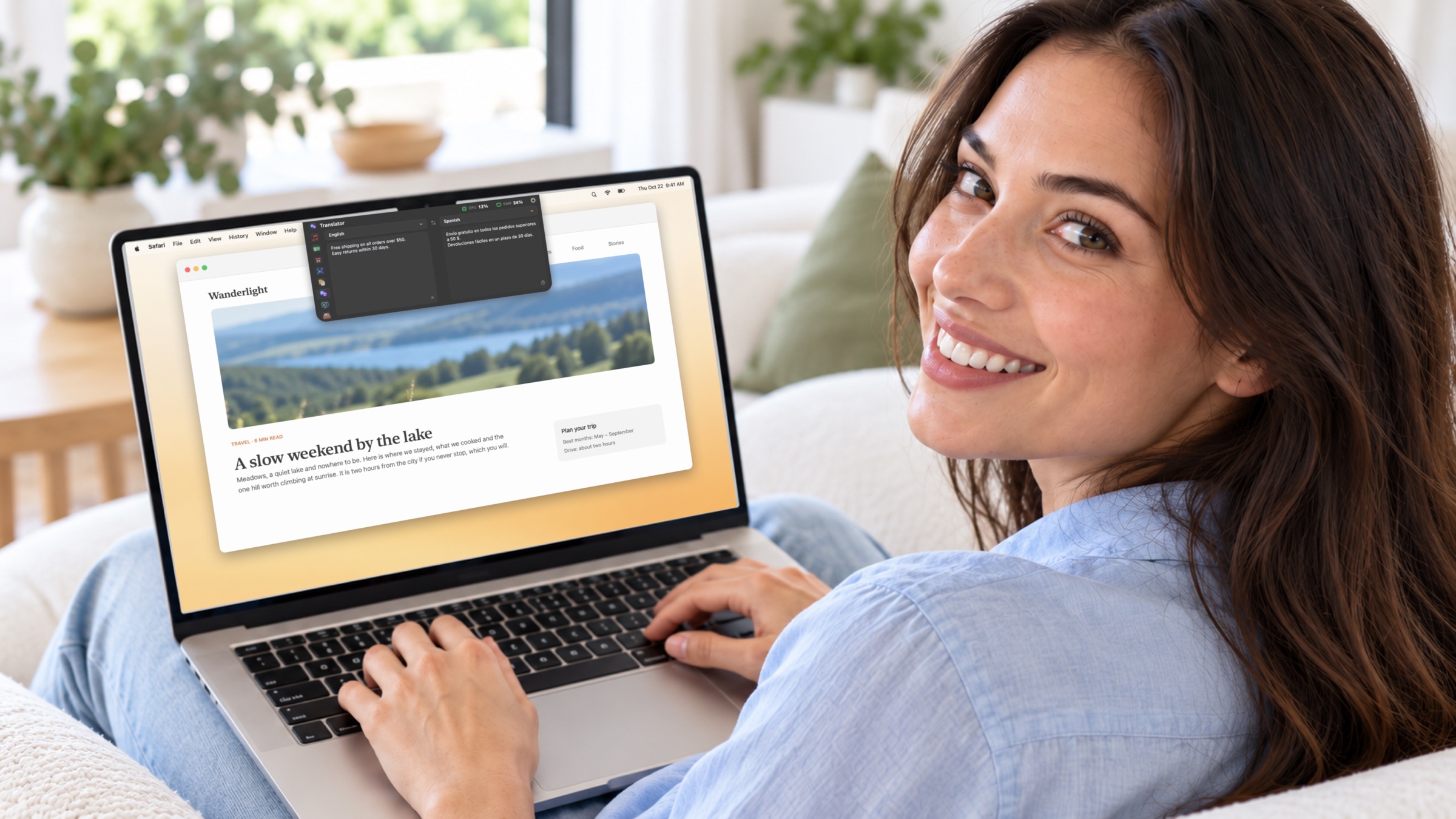 AI-generated illustration: A smiling woman on a sofa looks over her shoulder; on her MacBook, Brow's translator hangs from the top of the screen