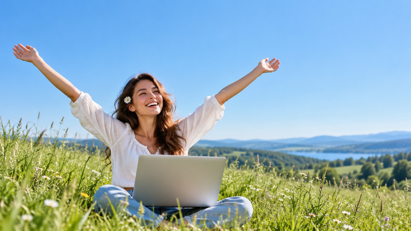 A happy woman with a laptop in a meadow under a blue sky