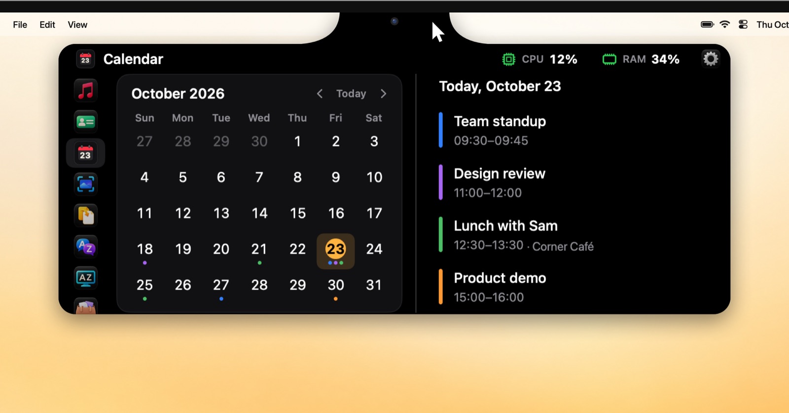 Calendar in the Brow panel