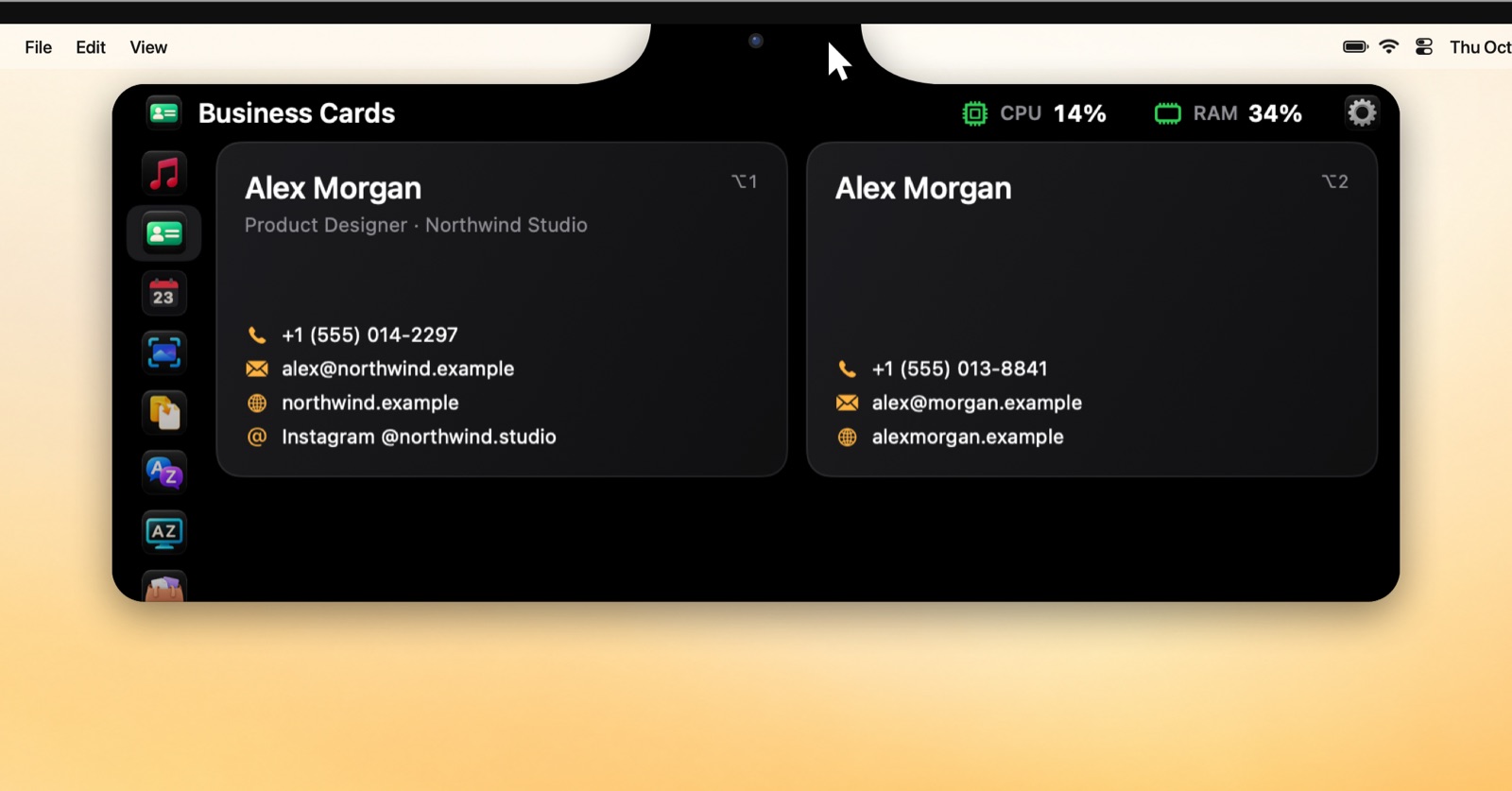 Business cards in the Brow panel